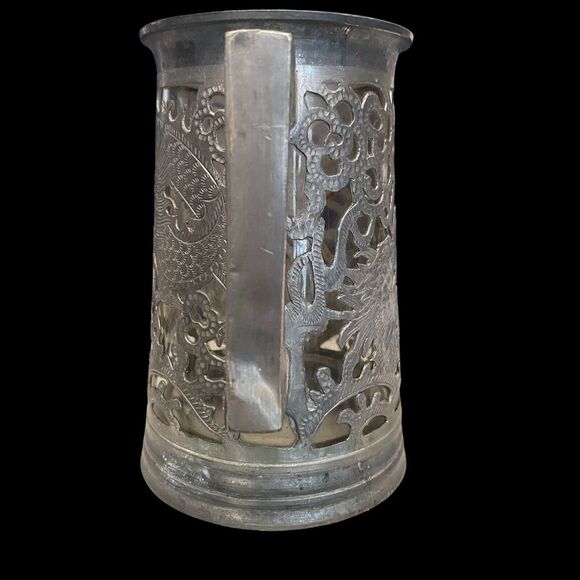Asian Dragon Pewter Tankard Ngan Winghing 16 Oz Decorated Glass Lined Korea Vtg - Picture 7 of 14